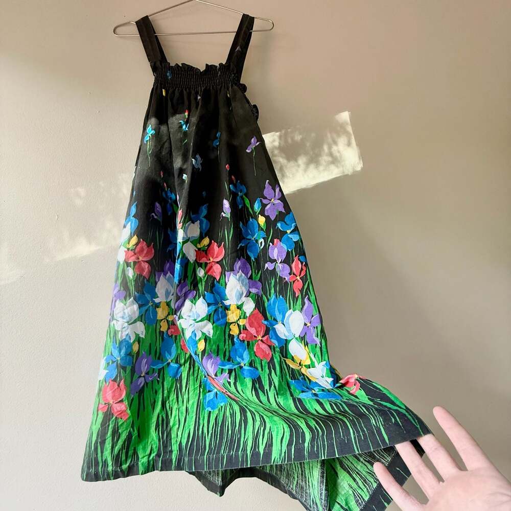 Vintage Floral Print Smocked Maxi Black Sundress Made in the USA